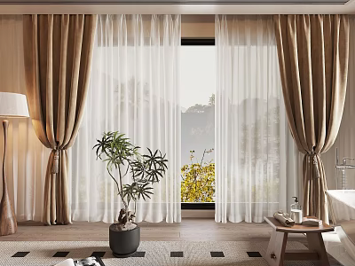 Beige Curtains In Cozy Home With Sheer White Panels And Potted Plant By Window 3d model