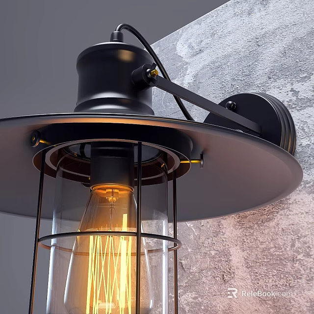 Industrial Black Metal Wall Light With Glass Shade And Vintage Filament Bulb On Gray Wall 3d model 