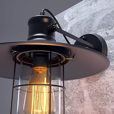 Industrial Black Metal Wall Light With Glass Shade And Vintage Filament Bulb On Gray Wall 3d model