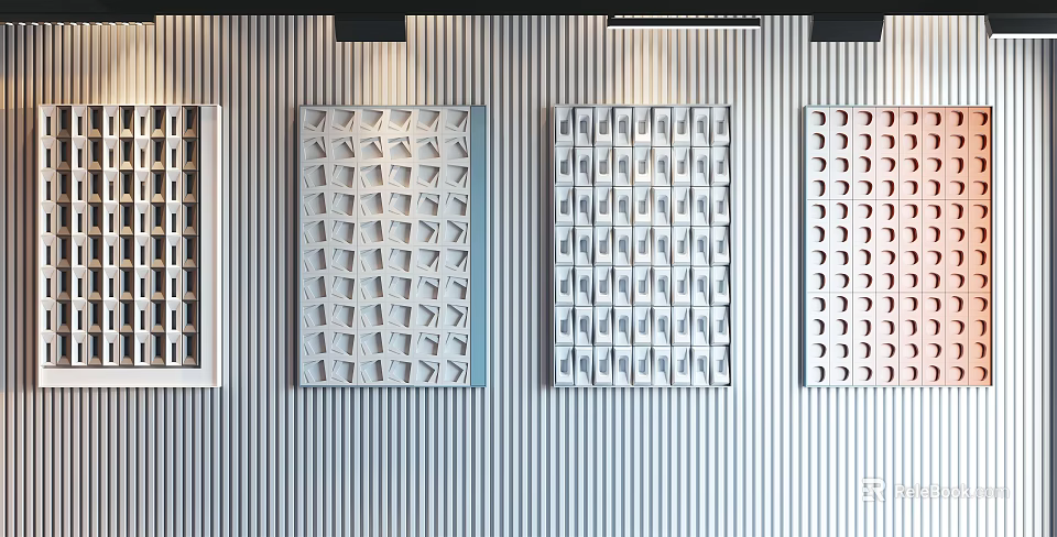 Geometric Wall Decorations On Modern Striped Wall With Grid Circle And Rectangle Patterns 3d model 