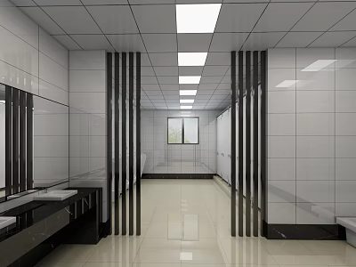 Modern Public Restroom Interior With Tiled Walls Washbasins Mirrors And Stalls 3d model