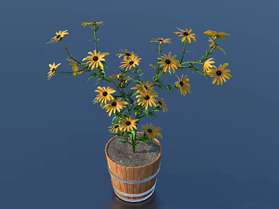 Bonsai Potted Plant With Yellow Flowers In Wooden Pot And Metal Hoops 3d model
