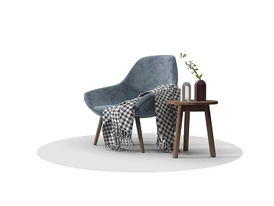 Comfortable Blue Lounge Chair With Checkered Blanket And Side Table With Green Plant 3d model