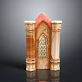 Classical Decorative Furniture With Red Arch Top Marble Columns And Geometric Window