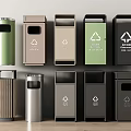Multiple Colored Trash Bins With Recycling Symbols And Various Lid Designs