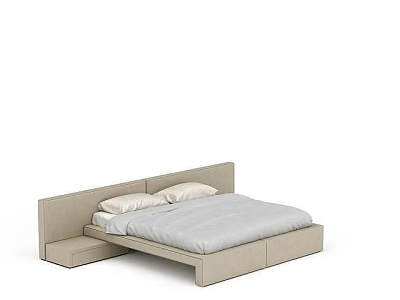 Modern Double Bed Design With Beige Headboard Light Gray Mattress And Storage Drawers 3d model
