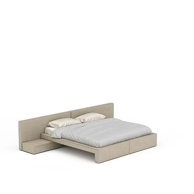 Modern Double Bed Design With Beige Headboard Light Gray Mattress And Storage Drawers 3d model