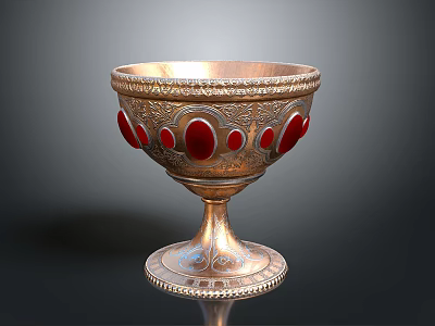 Antique Furniture Decorative Cup With Intricate Carvings And Red Stones 3d model