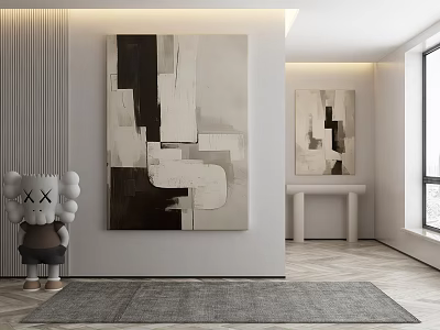 Modern Interior Design With Abstract Paintings Decorative Sculpture And Herringbone Floor 3d model