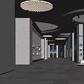 Modern Elevator Hallway With Curved Ceiling Wooden Slats Blue Lighting And Egg Shaped Sculpture