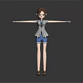 Human Character 3D Model With Brown Hair Green Eyes Gray Coat Blue Shorts Arms Outstretched
