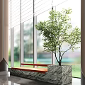 Stylish Landscape Seat With Wooden Surface And Marble Base By Large Window With Green Tree