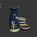 Blue Gold Decorative Vase with Crane Star Patterns and Matching Bowls