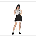 Woman In White Top And Black Suspender Skirt With Lace Trim From Multiple Angles