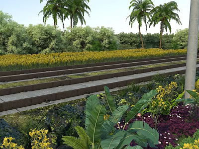 Stepped Road Infrastructure With Palm Trees Green Vegetation And Yellow Flowers 3d model