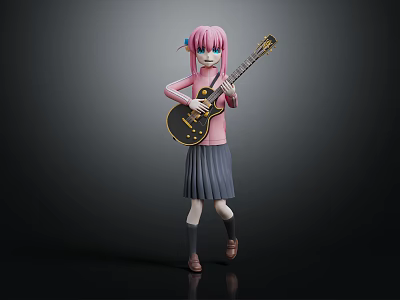 Pink Haired Blue Eyed Girl In Pink Top Gray Skirt Holding Black Guitar Dark Background 3d model