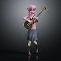 Pink Haired Blue Eyed Girl In Pink Top Gray Skirt Holding Black Guitar Dark Background
