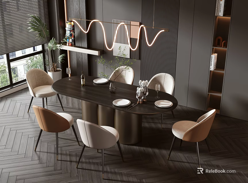 Modern Oval Dining Table Set With Beige White Chairs And Metal Base Decor 3d model 