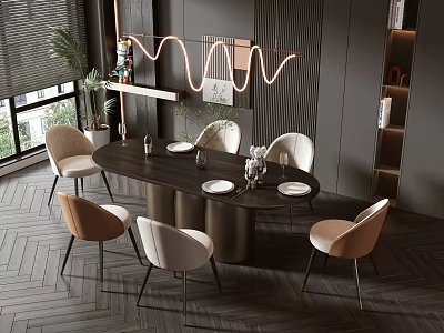 Modern Oval Dining Table Set With Beige White Chairs And Metal Base Decor 3d model