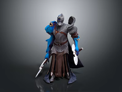 Armored Character And Blue Creature Holding Swords In Detailed 3D Model Design 3d model