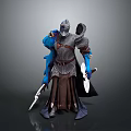 Armored Character And Blue Creature Holding Swords In Detailed 3D Model Design