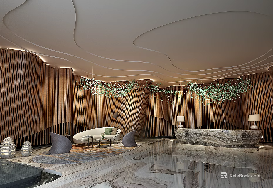 Modern Reception Area With Wooden Walls Marble Desk Comfortable Sofa Seating And Green Plants 3d model 