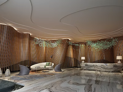 Modern Reception Area With Wooden Walls Marble Desk Comfortable Sofa Seating And Green Plants 3d model