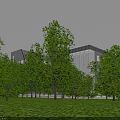Modern Office Building With Glass Curtain Walls Gray Exterior And Green Lawn Under Blue Sky