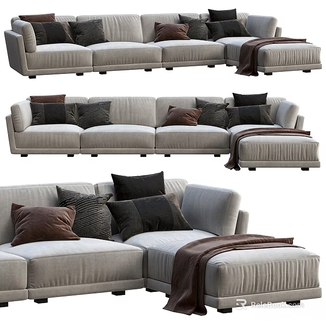 Light Gray Fabric Double Sofa With Black And Brown Pillows And Blanket 3d model