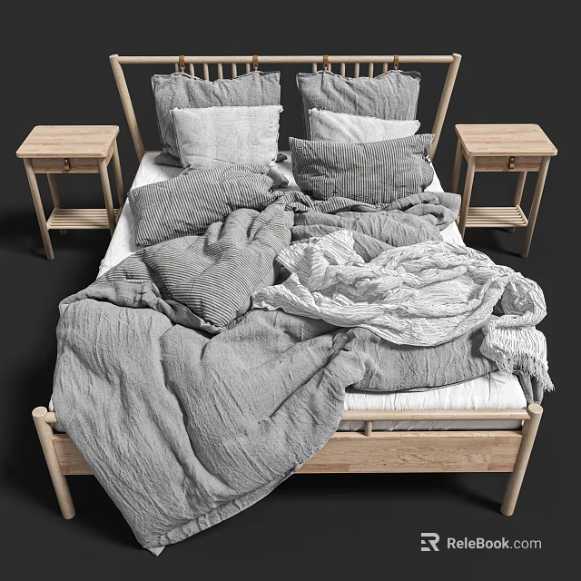 Light Wood Double Bed With Striped Pillows Linen And Side Tables 3d model 