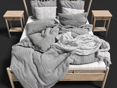 Light Wood Double Bed With Striped Pillows Linen And Side Tables 3d model