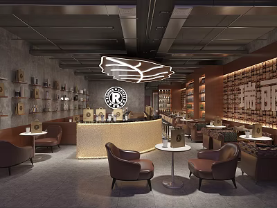 Coffee Shop Interior Design With Leather Chairs Round Tables Bar Counter And Wooden Display Shelves 3d model