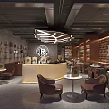 Coffee Shop Interior Design With Leather Chairs Round Tables Bar Counter And Wooden Display Shelves