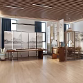 Modern Activity Room With Wooden Flooring Ceiling Strips And Blue Wall Decor Icons