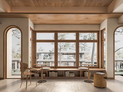 Cozy Modern Café Interior With Wooden Ceiling Large Windows And Comfortable Seating 3d model