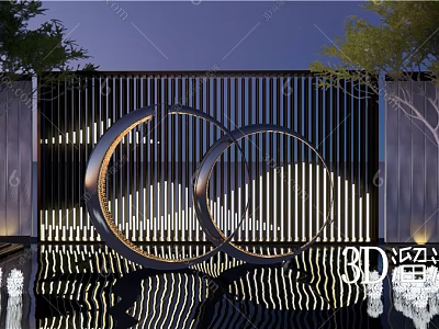 Modern Metal Circular Sculpture With Illuminated Design And Outdoor Screen Backdrop 3d model