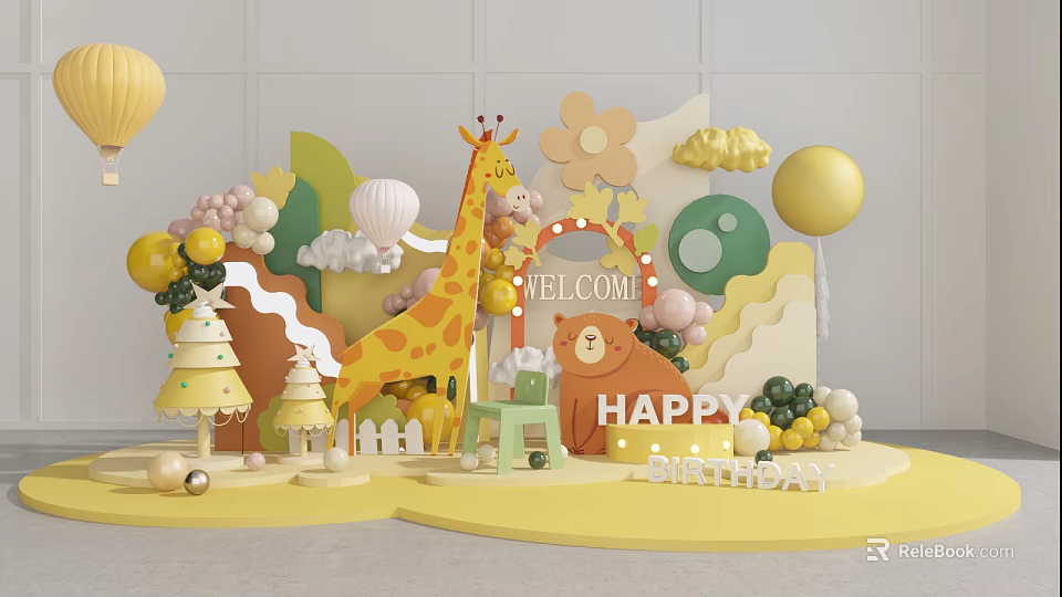 Colorful Birthday Party Decorations With Giraffe Bear Balloons Flowers And Happy Sign 3d model 