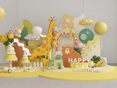 Colorful Birthday Party Decorations With Giraffe Bear Balloons Flowers And Happy Sign 3d model