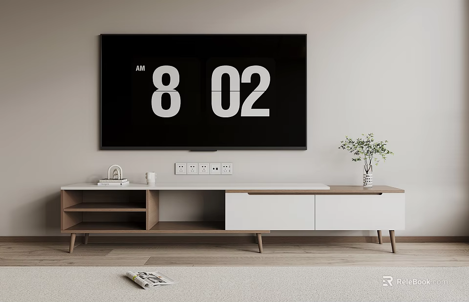 Minimalist Modern White And Wooden TV Stand With Open Shelves Green Plant And Cabinets 3d model 