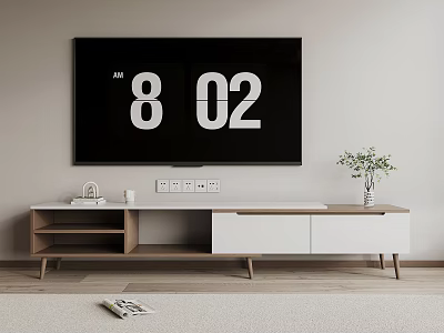 Minimalist Modern White And Wooden TV Stand With Open Shelves Green Plant And Cabinets 3d model