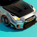 Sleek Silver Sports Car With Black Hood Stripes Large Rear Spoiler And Yellow Headlights