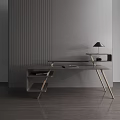 Modern Desk With Glass Top And Metal Frame Featuring Table Lamp Textured Wall Wooden Floor