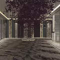 Hotel Corridor Modern Design With Marble Floor Hanging Purple Flowers And Golden Lighting