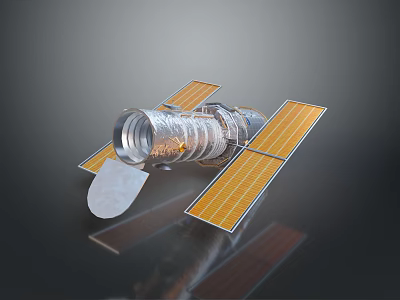 Space Satellite with Cylindrical Body Solar Panels and Reflector Dish Metallic Surface 3d model