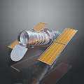 Space Satellite with Cylindrical Body Solar Panels and Reflector Dish Metallic Surface
