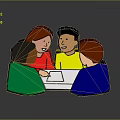 Group Of Cartoon Creatures Sitting Around Table Discussing With White Paper And Colored Outfits