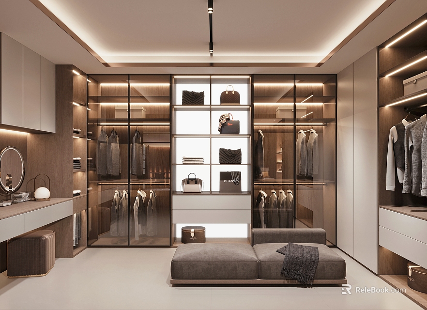 Modern Walk in Closet Interior With Glass Cabinets Hanging Racks And Sofa Bench 3d model 