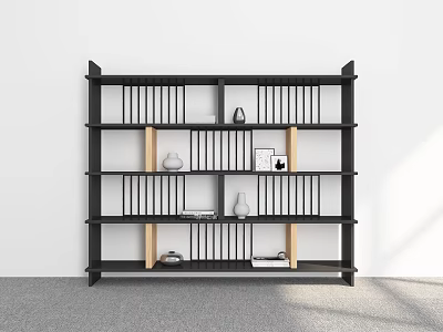 Modern Minimalist Shelving Unit With Black Frame Wooden Shelves And Decor Items 3d model