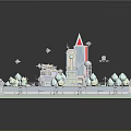 Cartoon 3D Model Scene with Square Layout Fence Small Buildings and Trees