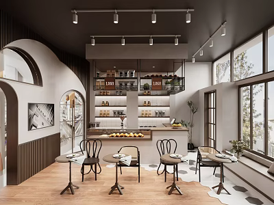 Café Interior Featuring Wooden Tables Chairs Large Windows Arched Design And Coffee Display Shelves 3d model